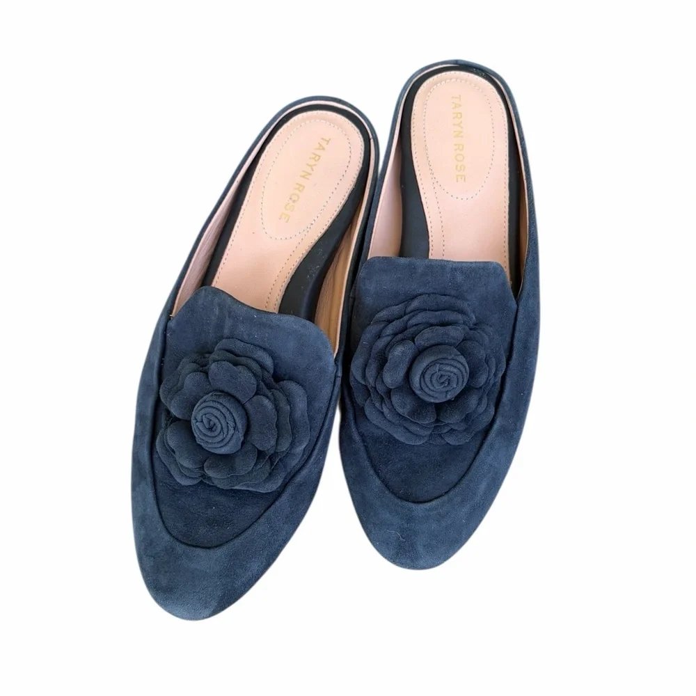 Taryn Rose Blythe navy suede mule with rosette detail. - Picture 3 of 8